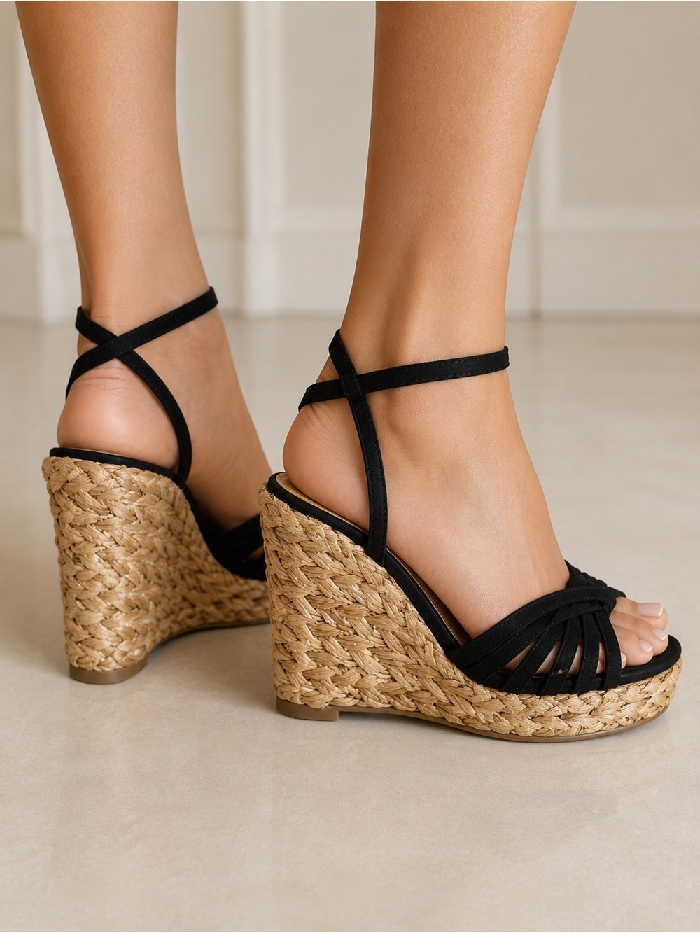 GUESS Black and Natural Espadrille Wedge Sandals - Picture 6 of 6